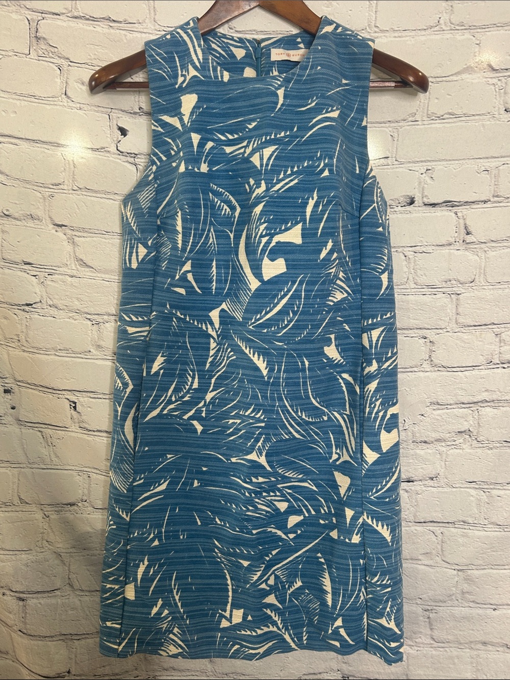 Tory Burch Blue & White Palm Print Sleeveless Shift Dress Size 6